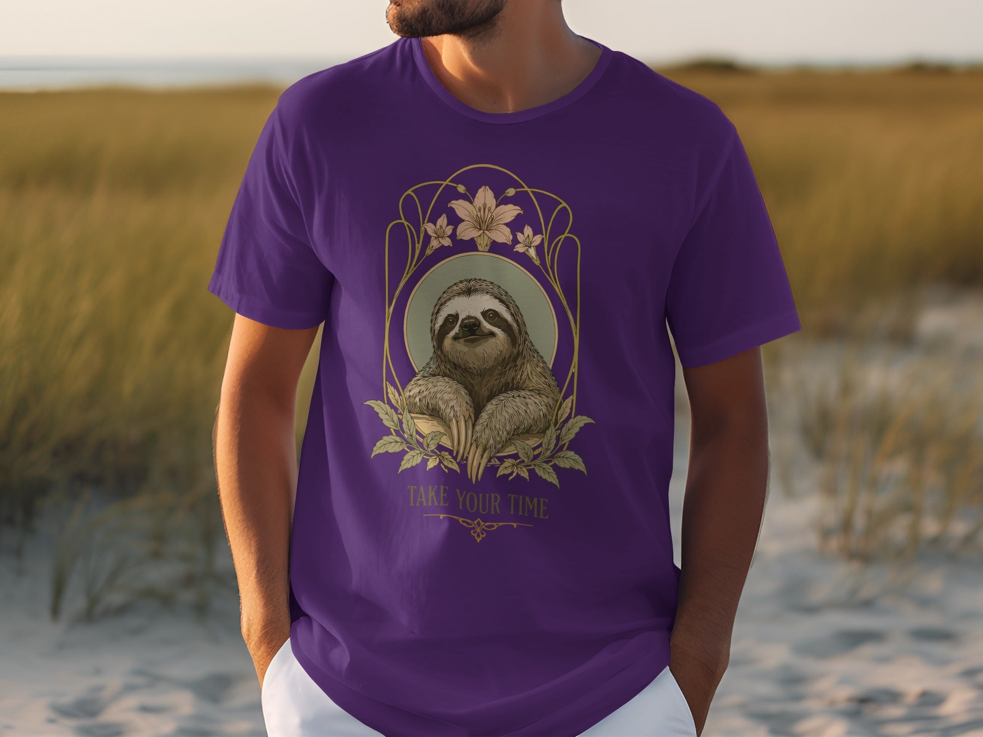 Purple t-shirt with sloth graphic and "Take Your Time" text.