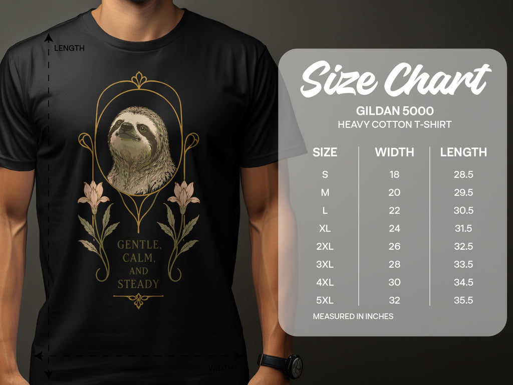 T-shirt size chart for Gildan 5000 Heavy Cotton T-shirt.