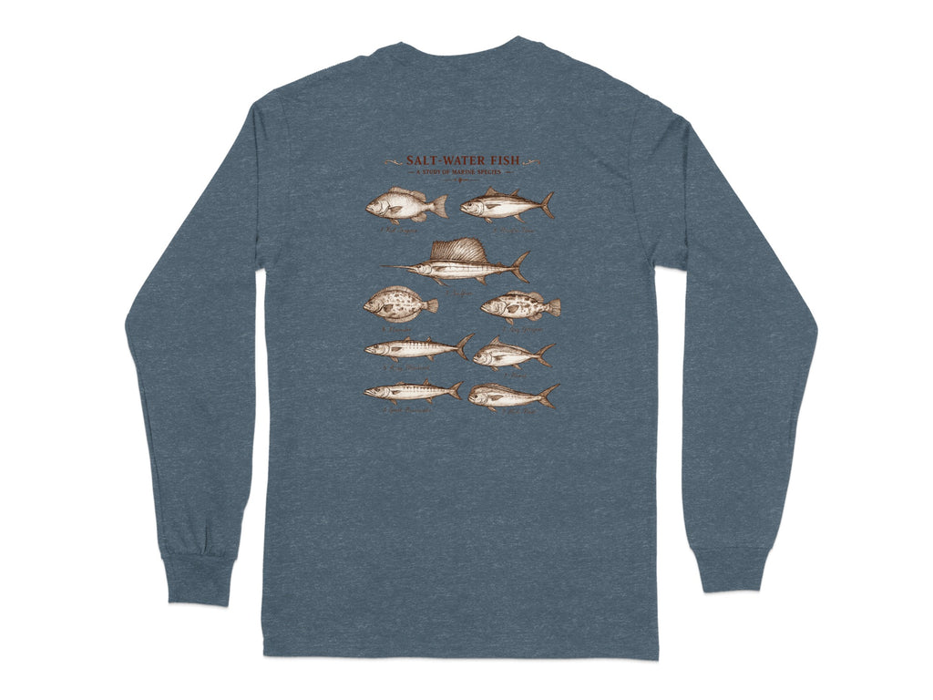 Illustration of eight saltwater fish species with labels, on a long-sleeved shirt.