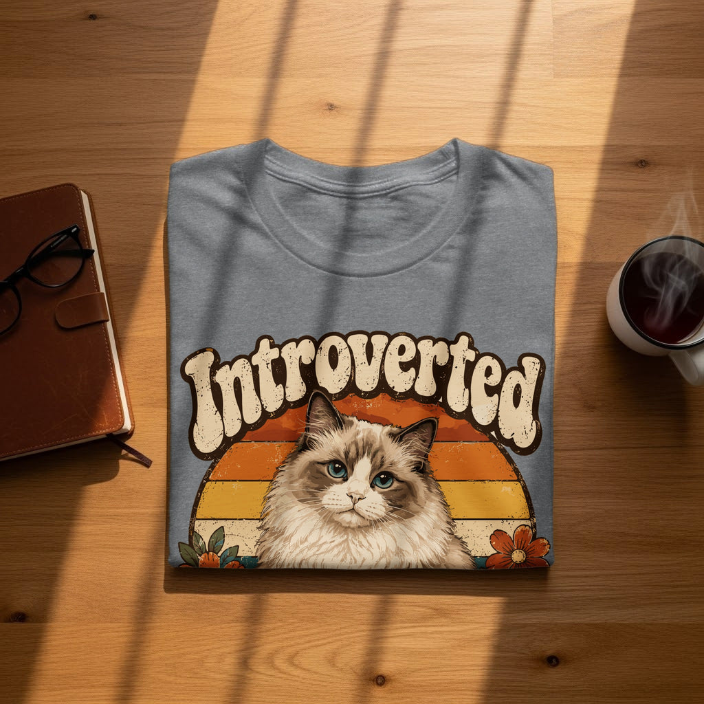Grey t-shirt with "Introverted" text and a cat illustration on a wooden surface.