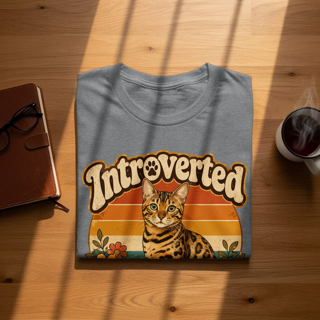 T-shirt with "Introverted" text and a Bengal cat illustration.