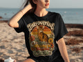 Black t-shirt with retro design of a cat and flowers, "Introverted But Willing To Discuss Cats".