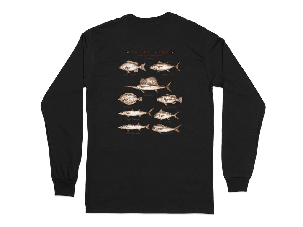 Illustration of nine saltwater fish species with names.