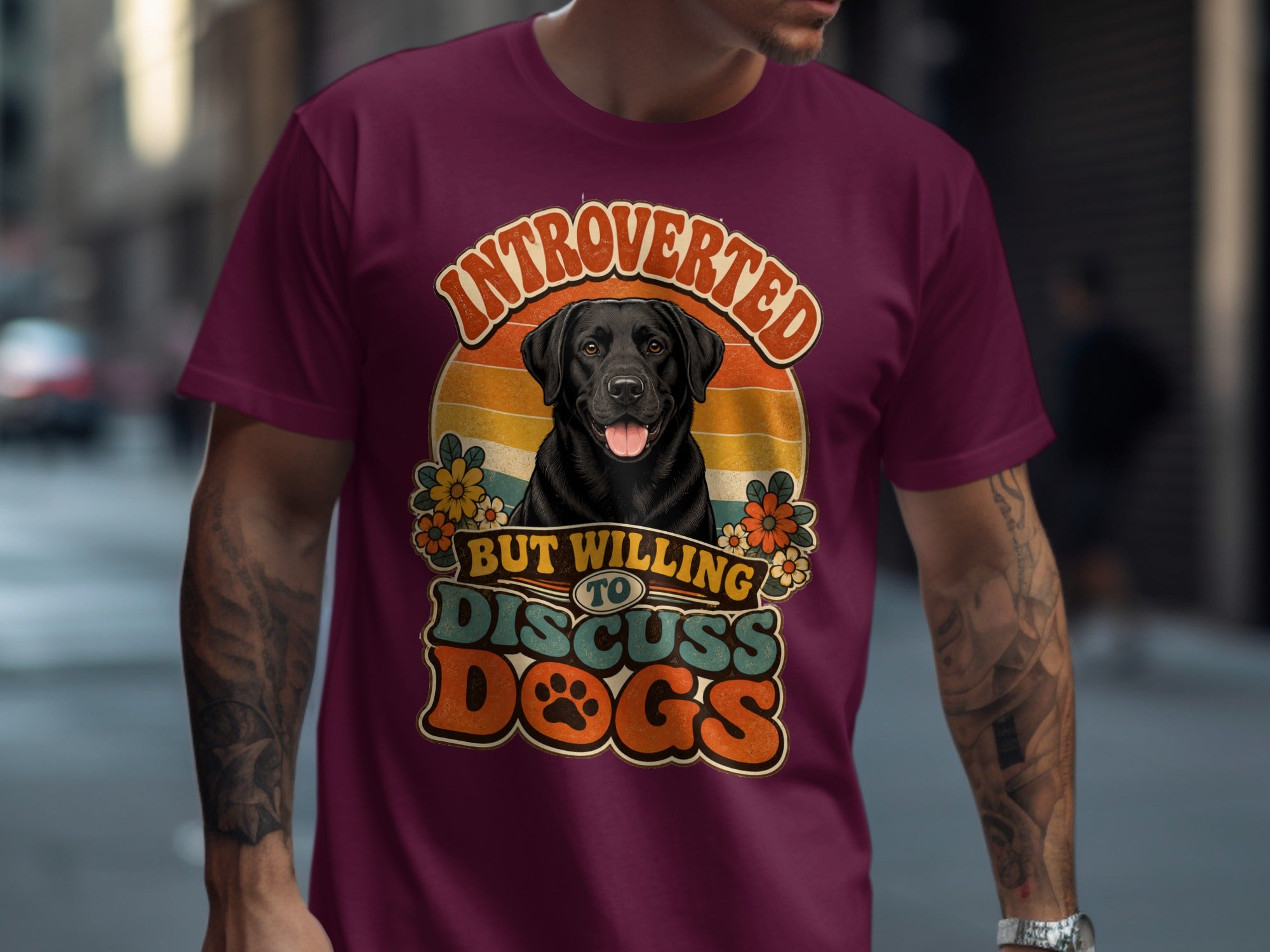 Maroon t-shirt with graphic: Black lab, "Introverted But Willing To Discuss Dogs."