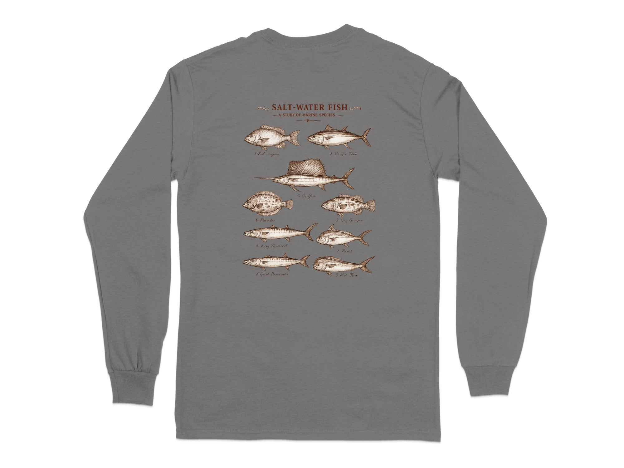 Long-sleeve shirt with illustrations of seven saltwater fish species.