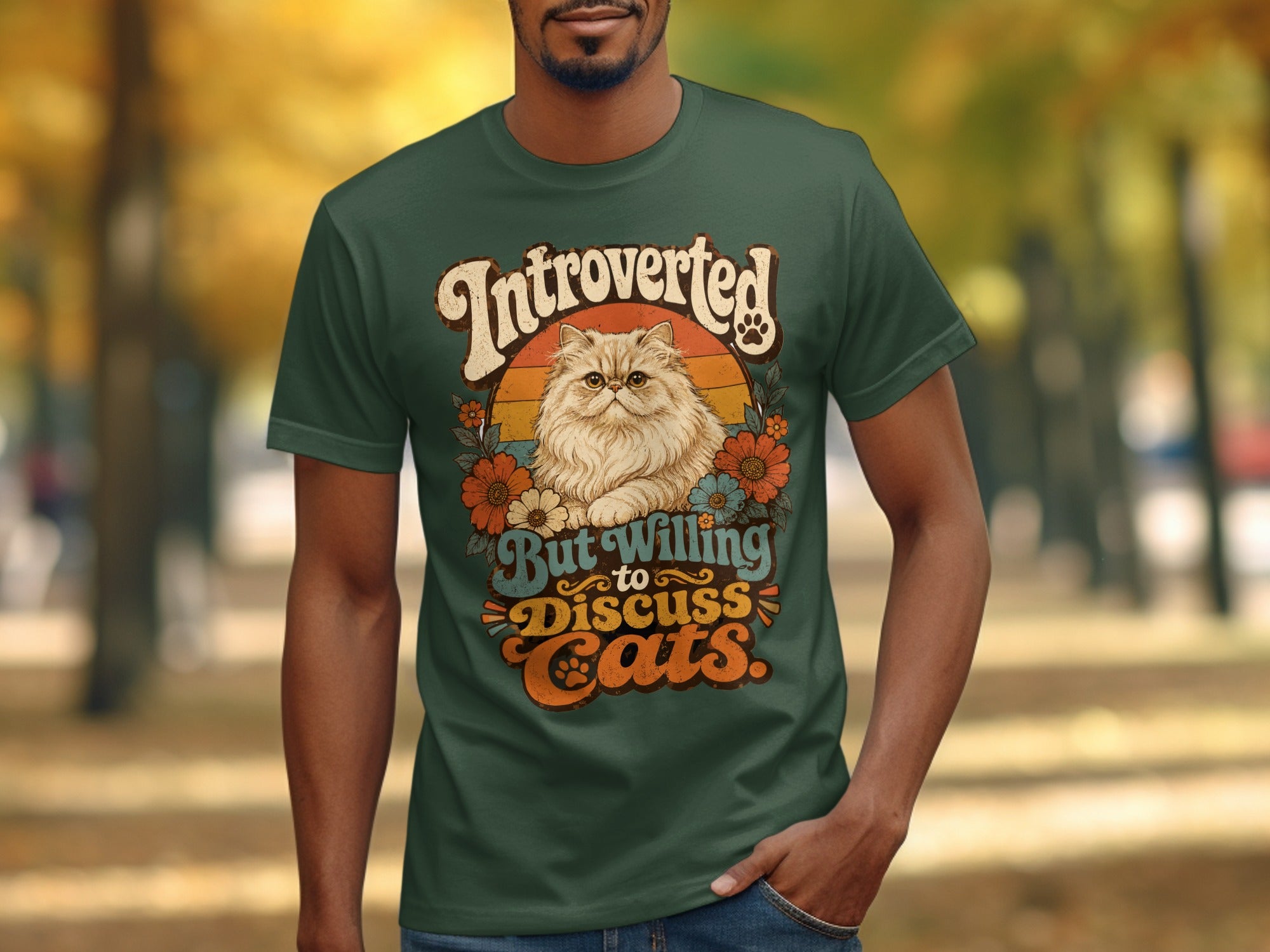 Retro graphic t-shirt with cat and flowers, "Introverted But Willing To Discuss Cats" text.