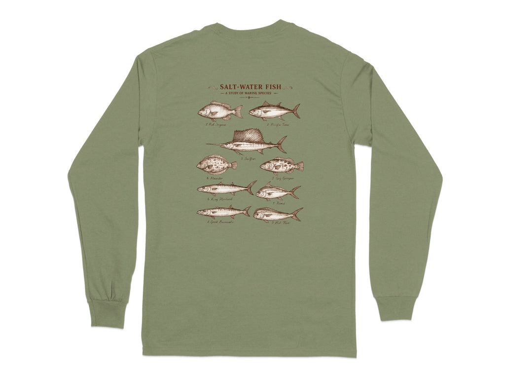 Illustration of saltwater fish species with scientific names on a long-sleeve shirt.