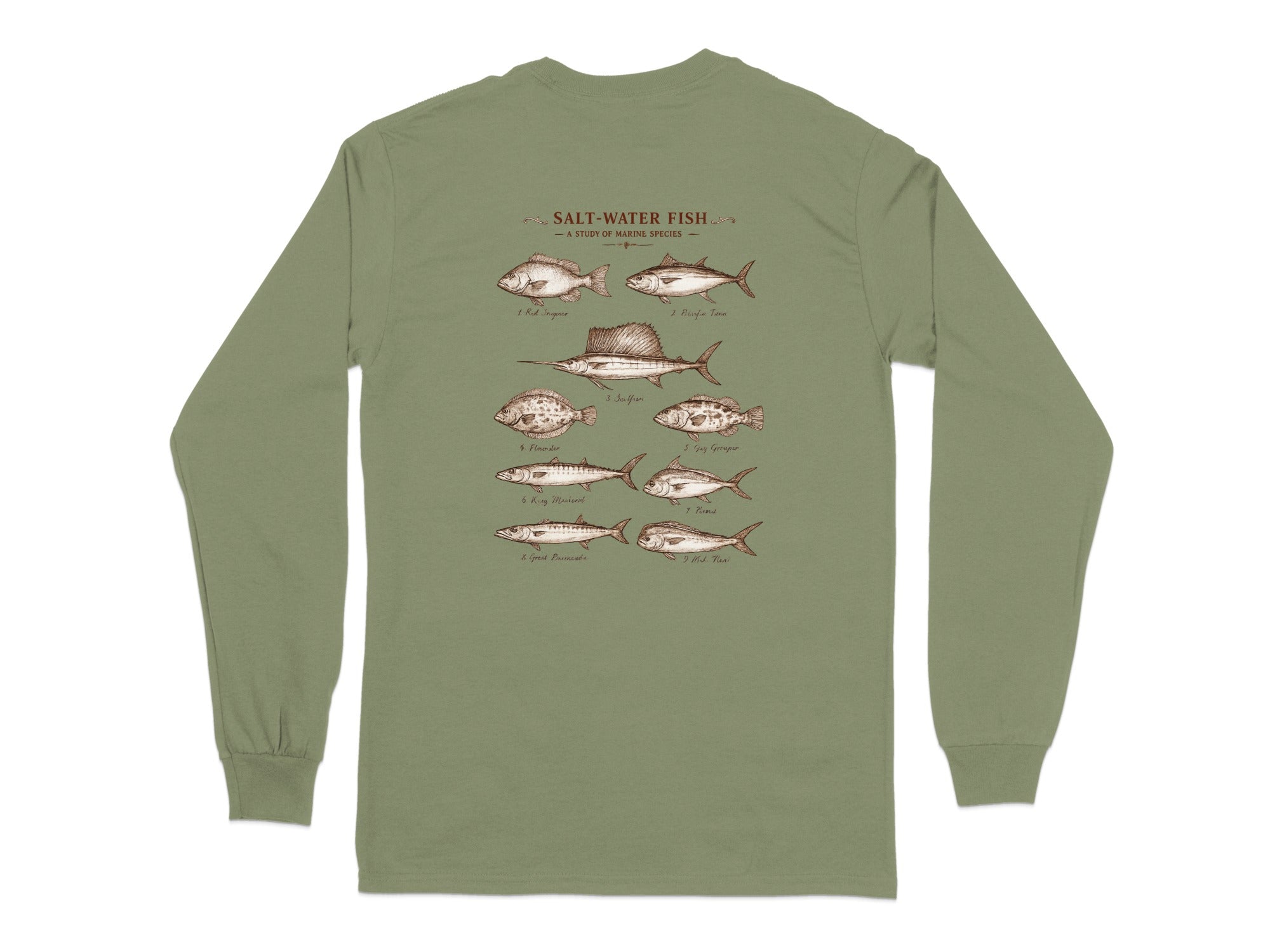 Illustration of saltwater fish species with scientific names on a long-sleeve shirt.
