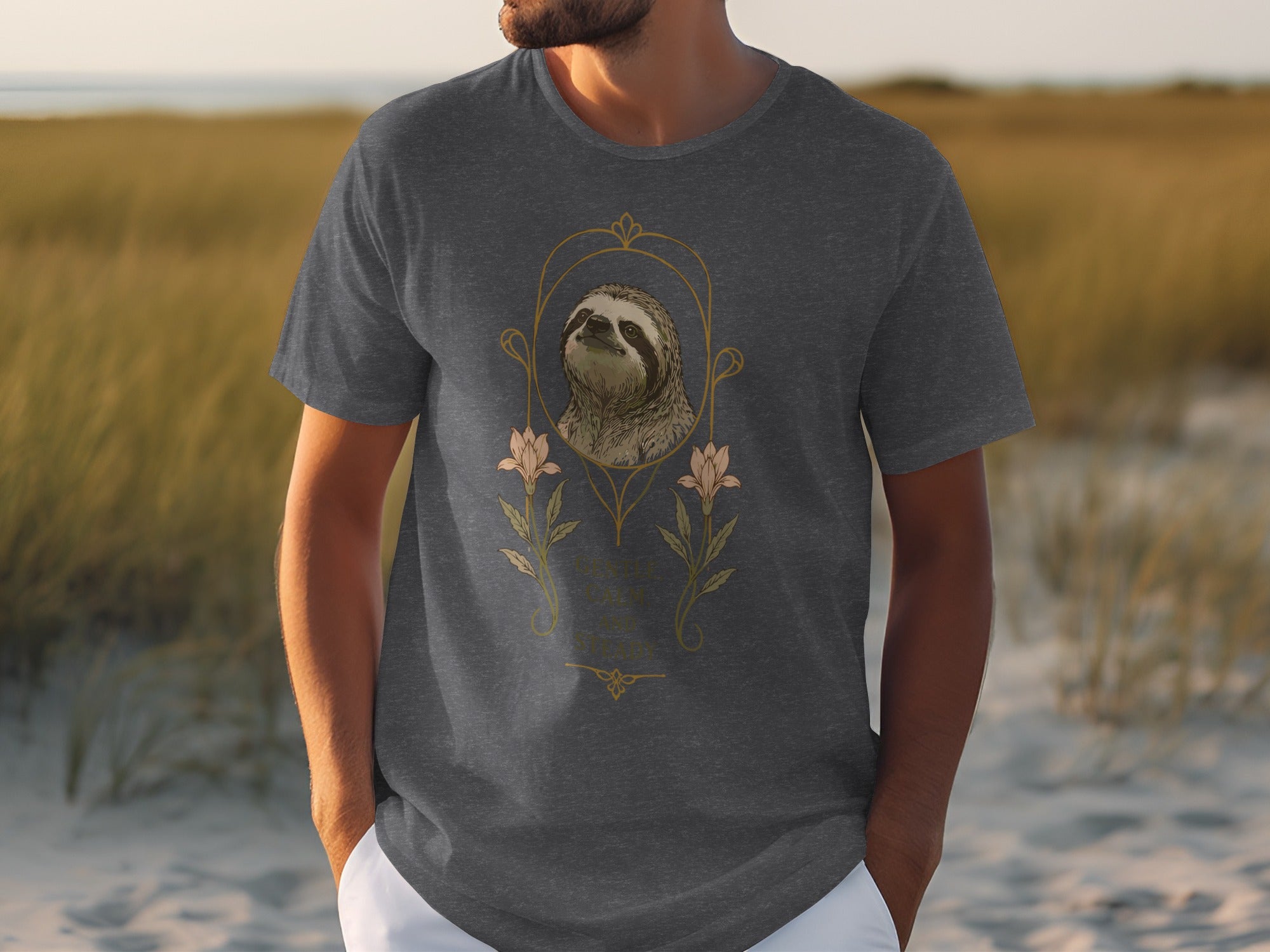 T-shirt with a sloth illustration in an ornate frame.