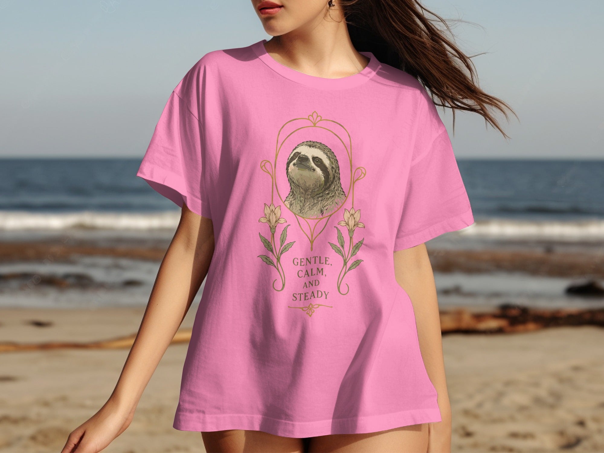 Pink t-shirt with sloth and text "GENTLE, CALM AND STEADY".
