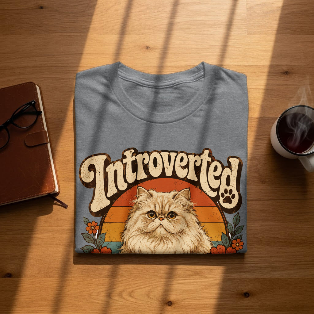 Gray t-shirt with "Introverted" text and a fluffy cat in a sunset design.