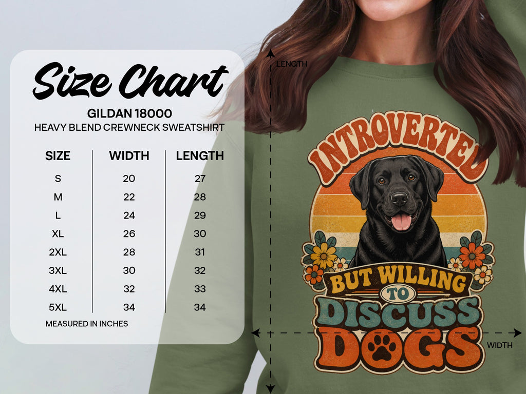 Size chart for Gildan 18000 sweatshirt with Labrador graphic.