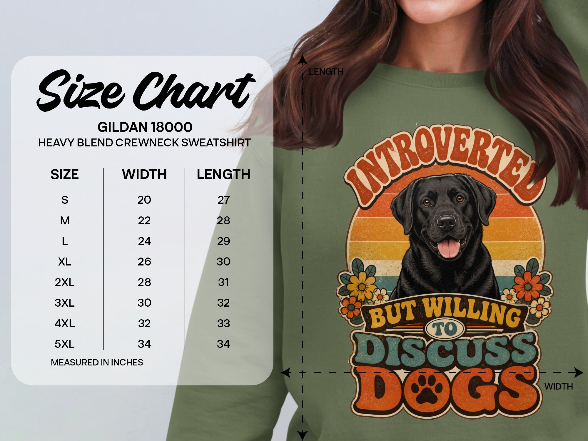 Size chart for Gildan 18000 sweatshirt with Labrador graphic.
