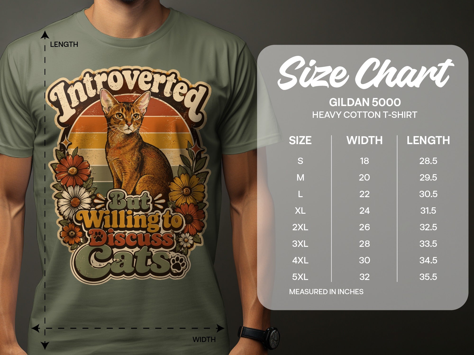 T-shirt size chart with "Introverted But Willing to Discuss Cats" graphic.