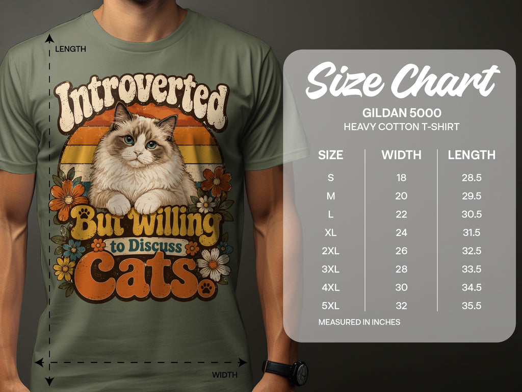 T-shirt size chart with measurements for Gildan 5000 heavy cotton t-shirts.