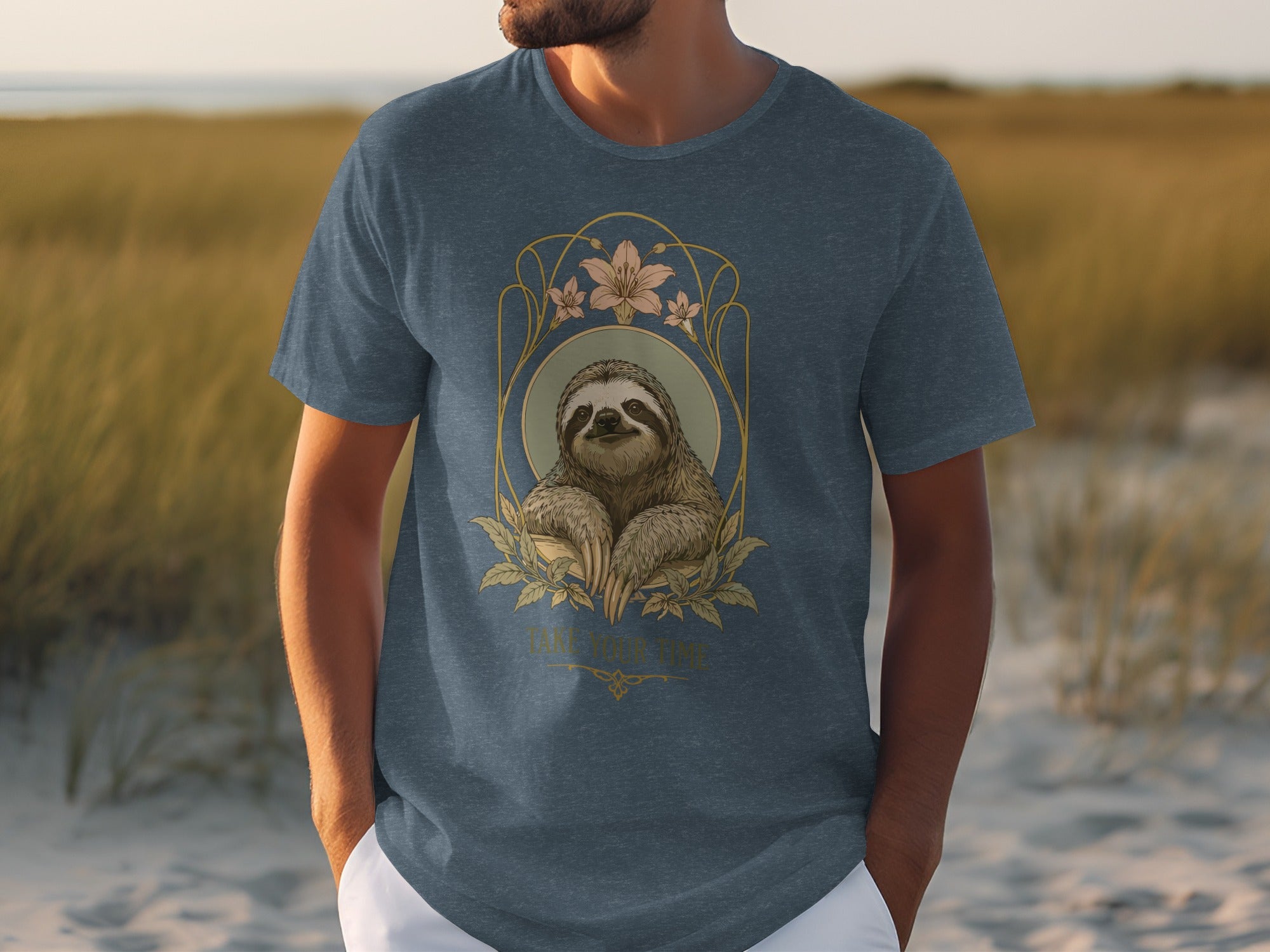 Sloth in floral frame on dark blue t-shirt.