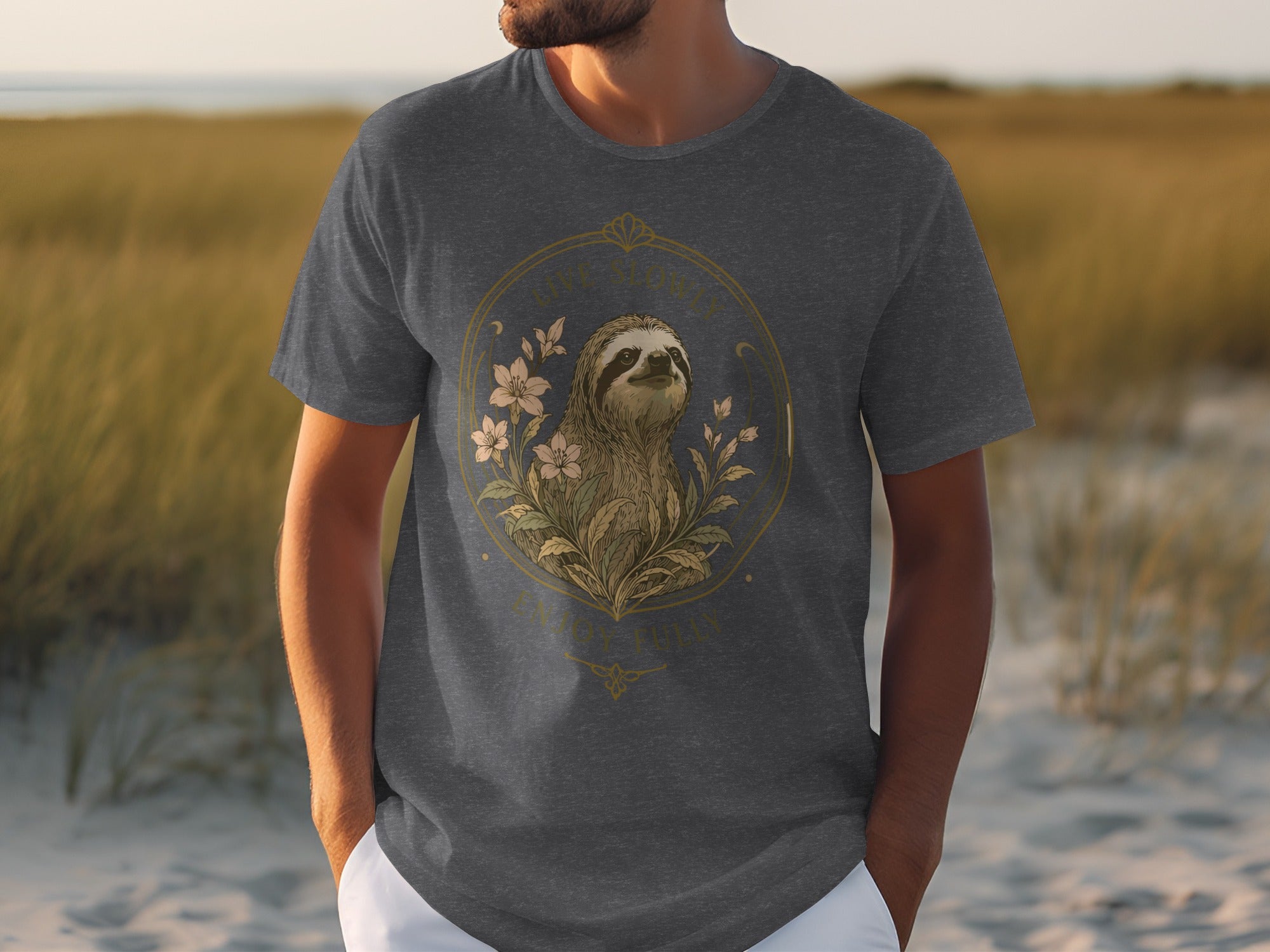 Dark grey t-shirt with sloth and floral wreath design.
