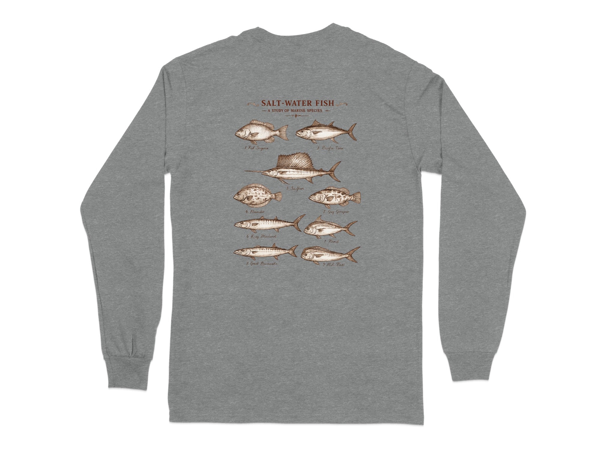Long-sleeve shirt with illustration of eight saltwater fish species and their names.