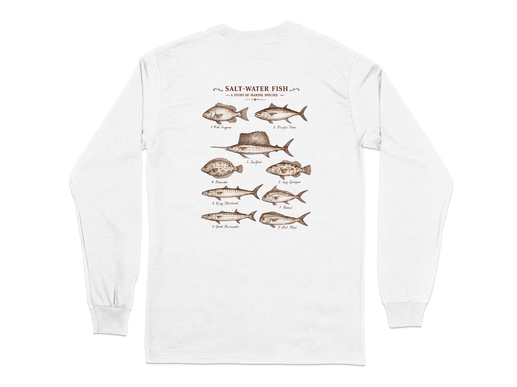 Saltwater fish species illustration with labels for Red Snapper, Flounder, and other marine life.