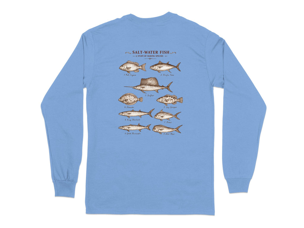 Diagram of eight saltwater fish species with labels, on a long-sleeved shirt.