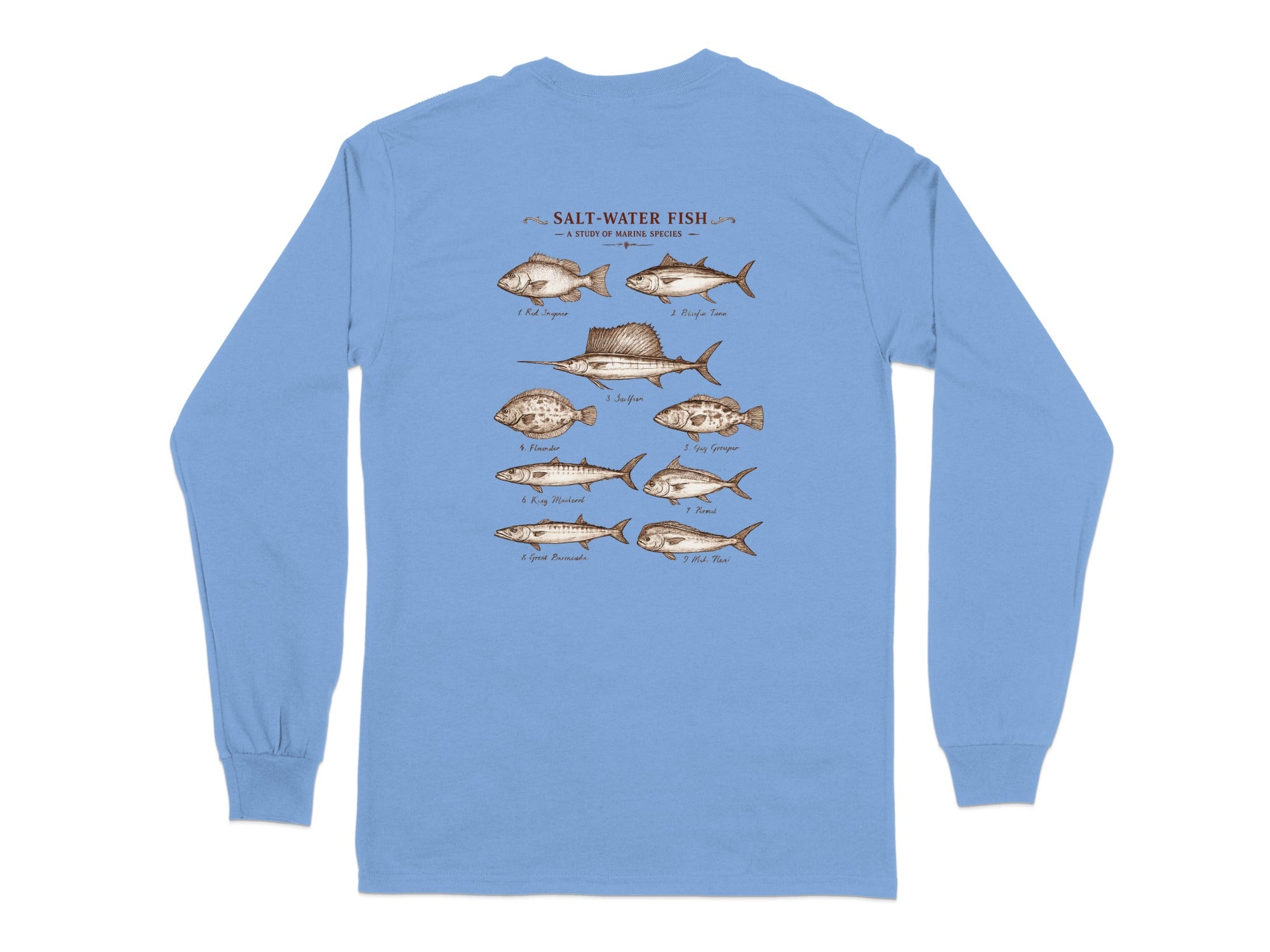 Diagram of eight saltwater fish species with labels, on a long-sleeved shirt.