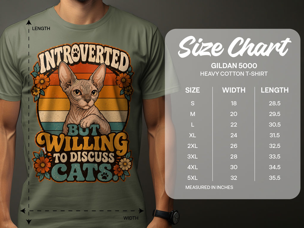 T-shirt size chart with "Introverted But Willing to Discuss Cats" graphic.