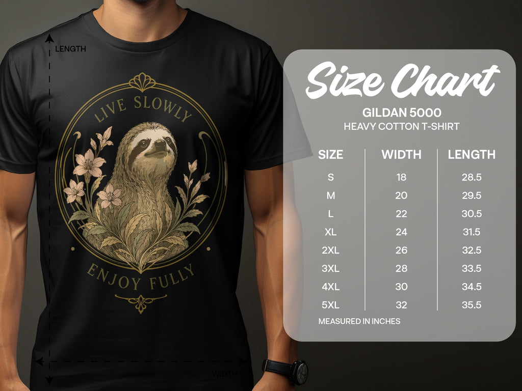 Gildan 5000 Heavy Cotton t-shirt size chart with sloth graphic.
