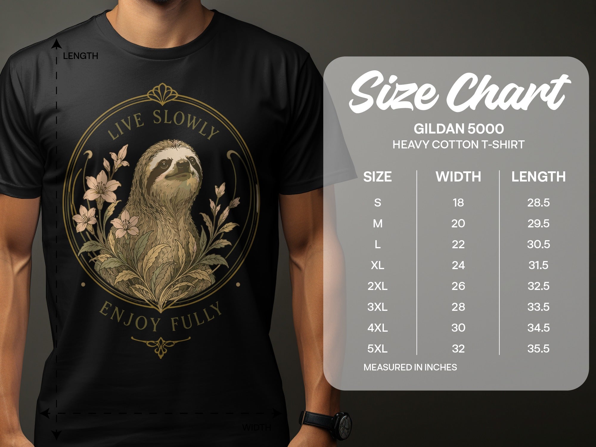 Gildan 5000 Heavy Cotton t-shirt size chart with sloth graphic.