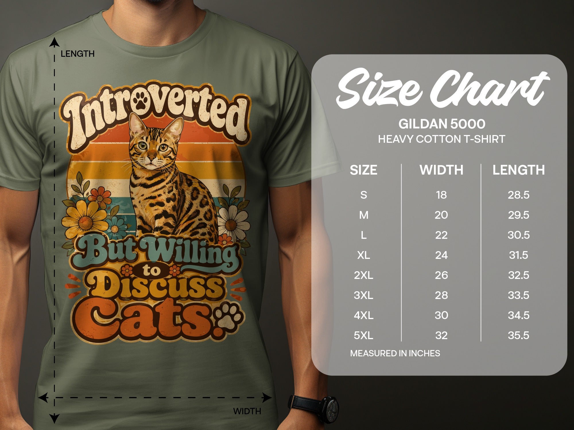 T-shirt size chart for a Gildan 5000 Heavy Cotton T-shirt.
