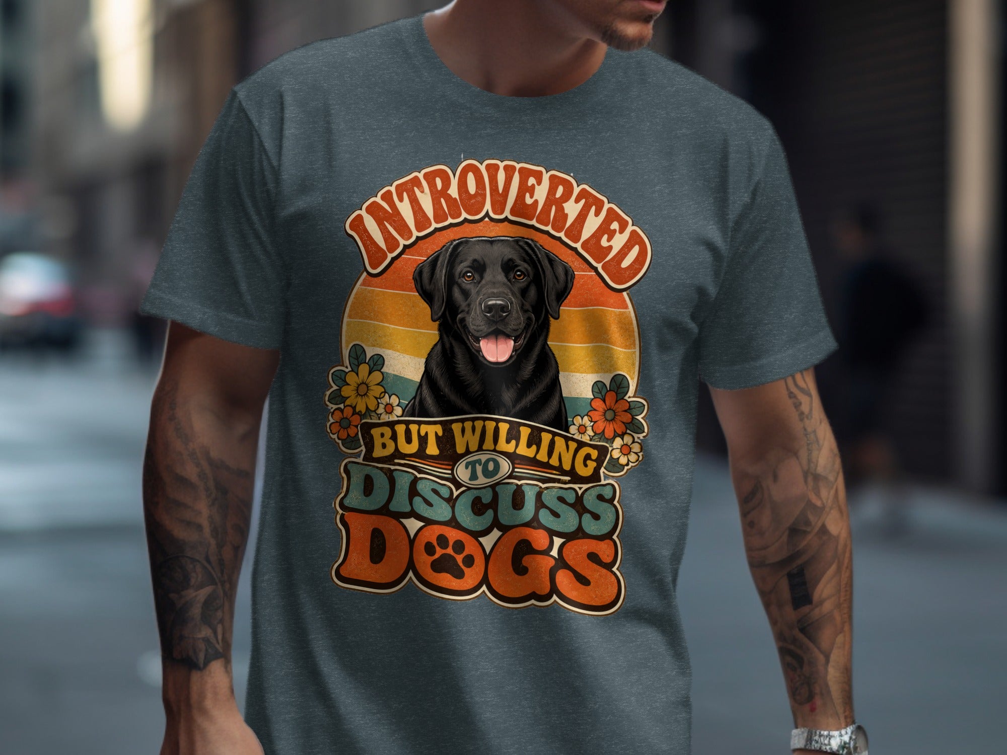 Grey t-shirt with "Introverted but willing to discuss dogs" text and dog graphic.