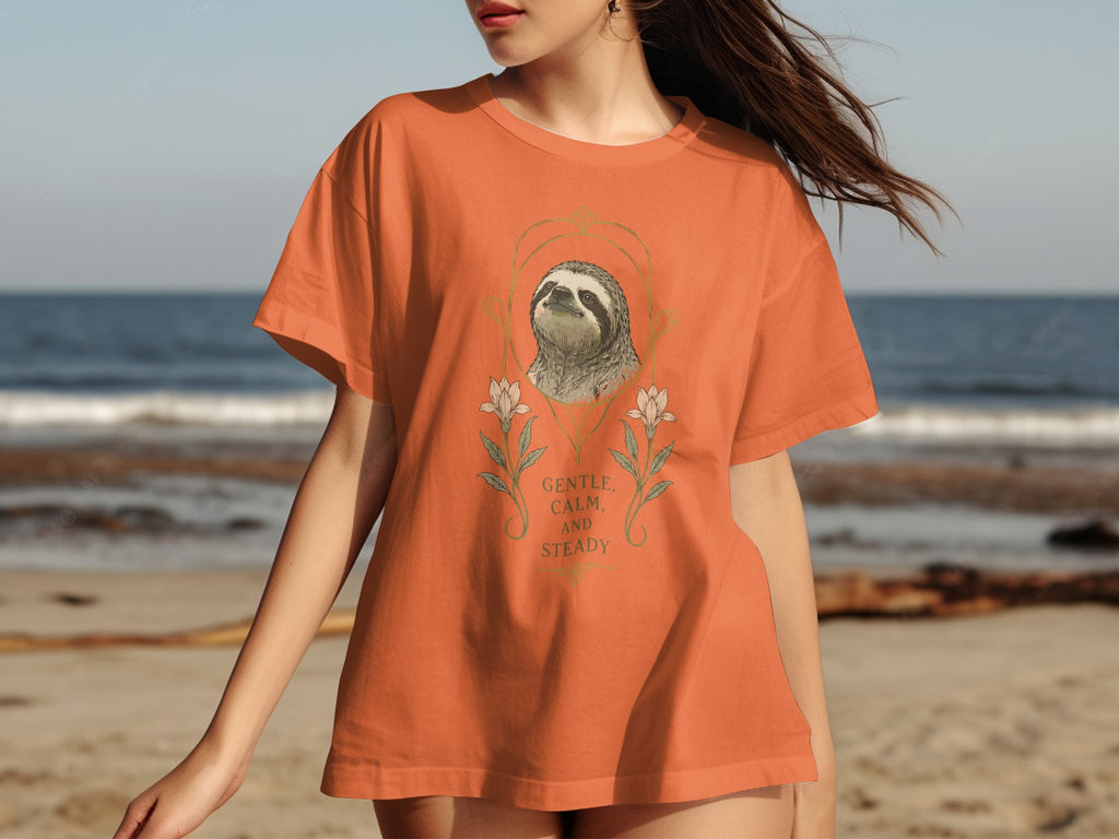 Orange t-shirt with sloth, flowers, and text "GENTLE, CALM AND STEADY".