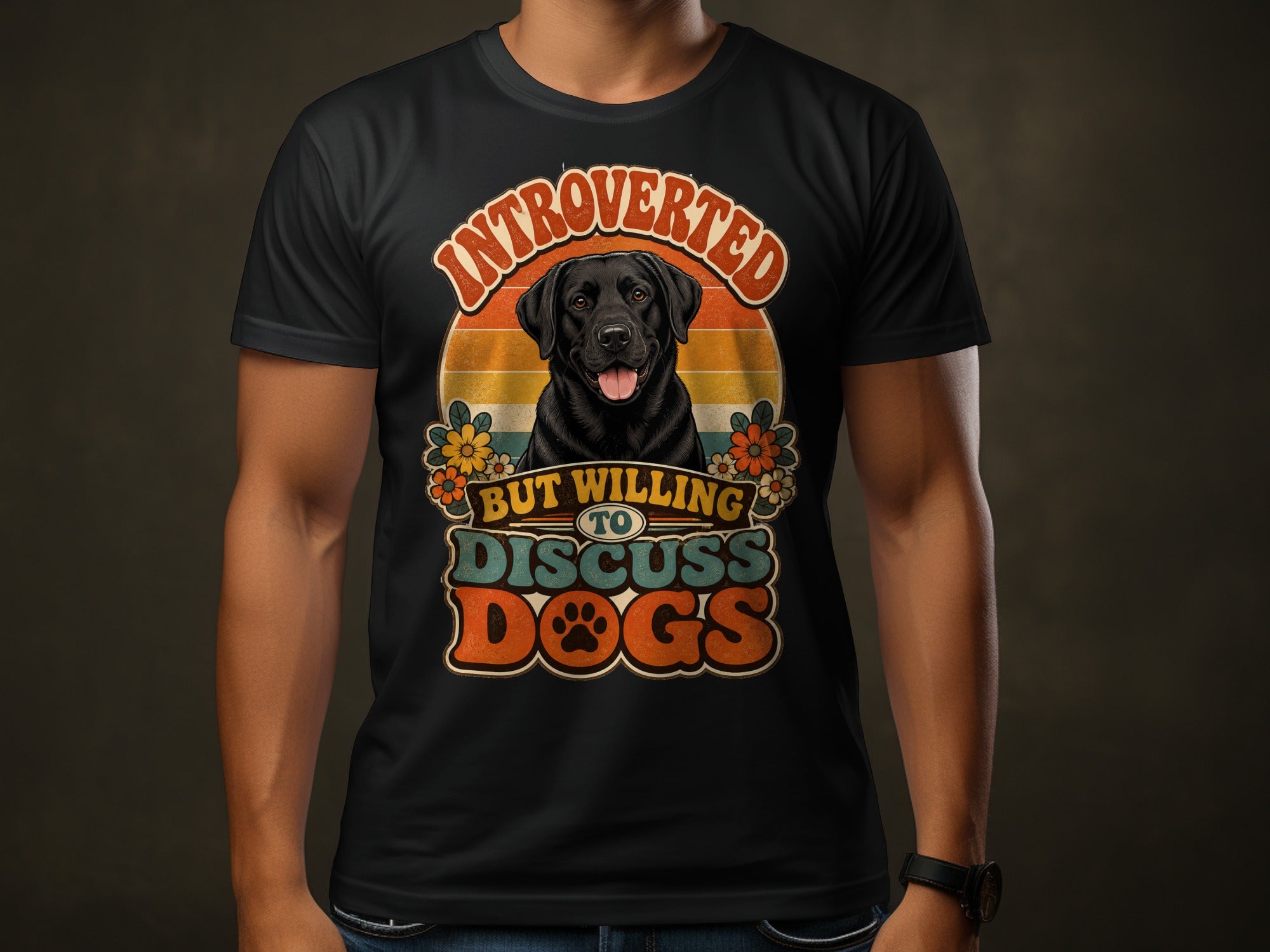 Black Labrador retriever on t-shirt with "Introverted but willing to discuss dogs" text.