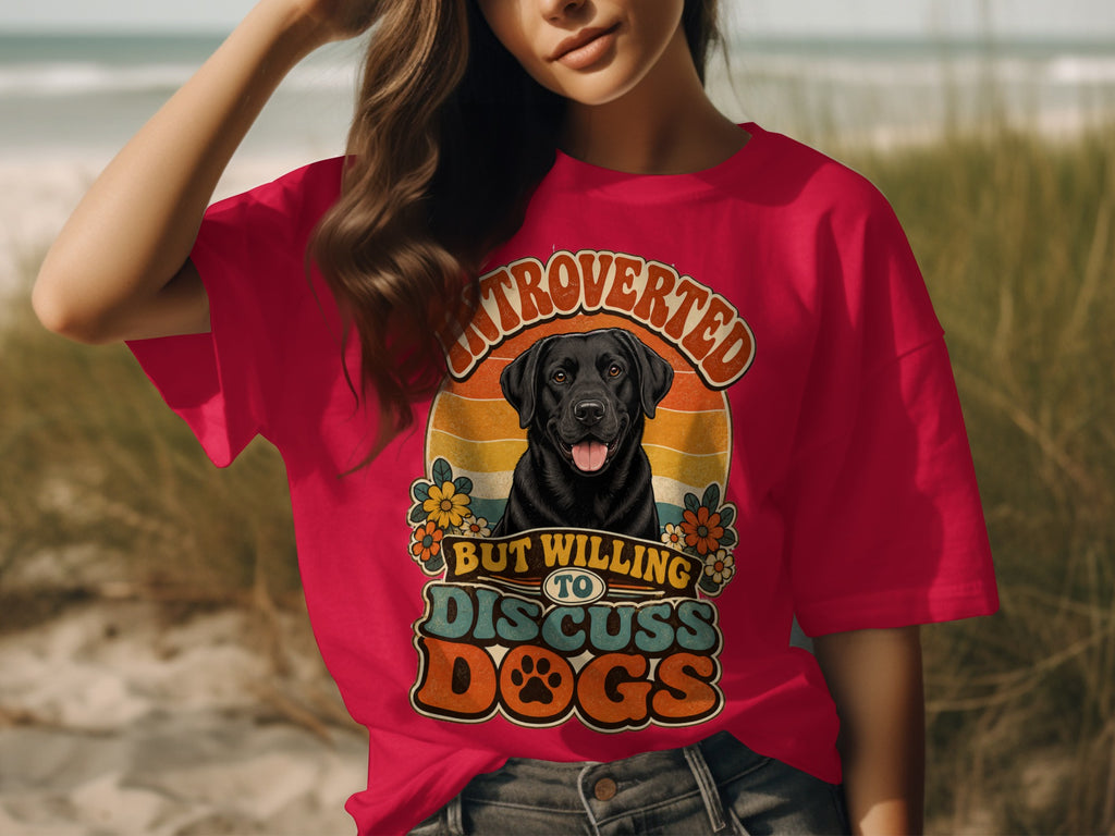 Red t-shirt with "Introverted but willing to discuss dogs" text and a black lab graphic.