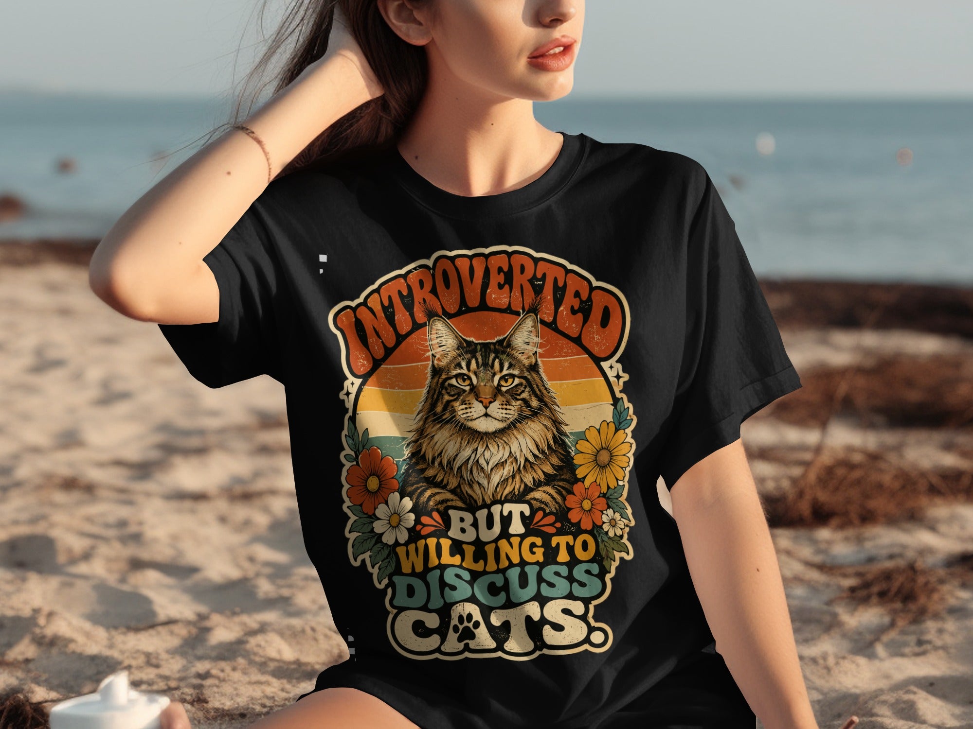Retro t-shirt with a cat illustration and "Introverted But Willing To Discuss Cats" text.