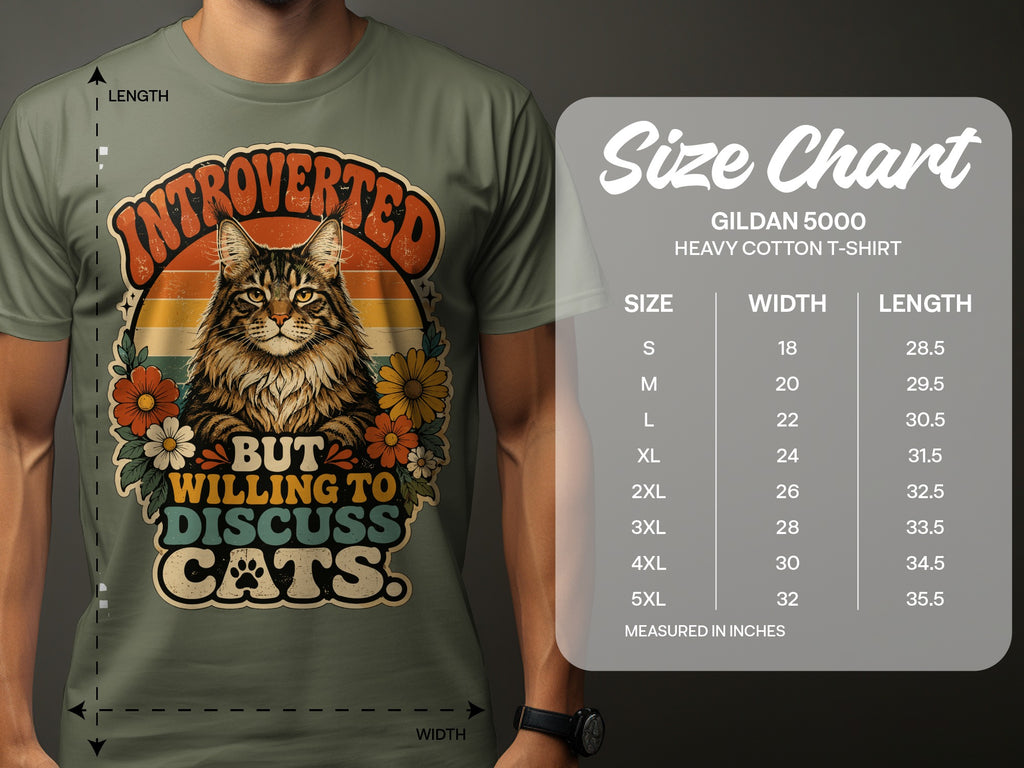 T-shirt with cat graphic and "Introverted but willing to discuss cats" text, shown with size chart.