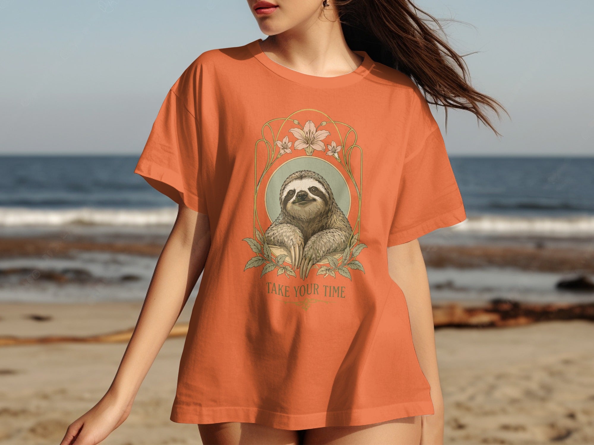 Orange t-shirt with sloth illustration and "TAKE YOUR TIME" text.