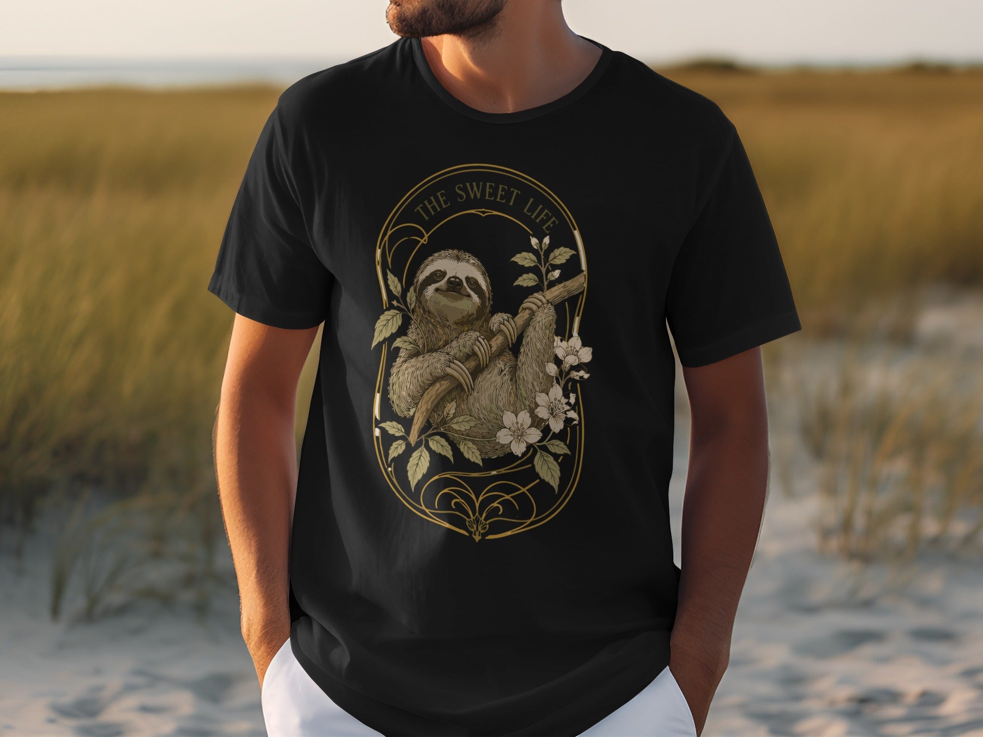 Black t-shirt with a sloth illustration and "The Sweet Life" text.