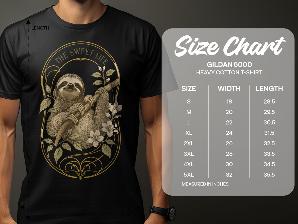 Gildan 5000 heavy cotton t-shirt size chart with measurements.