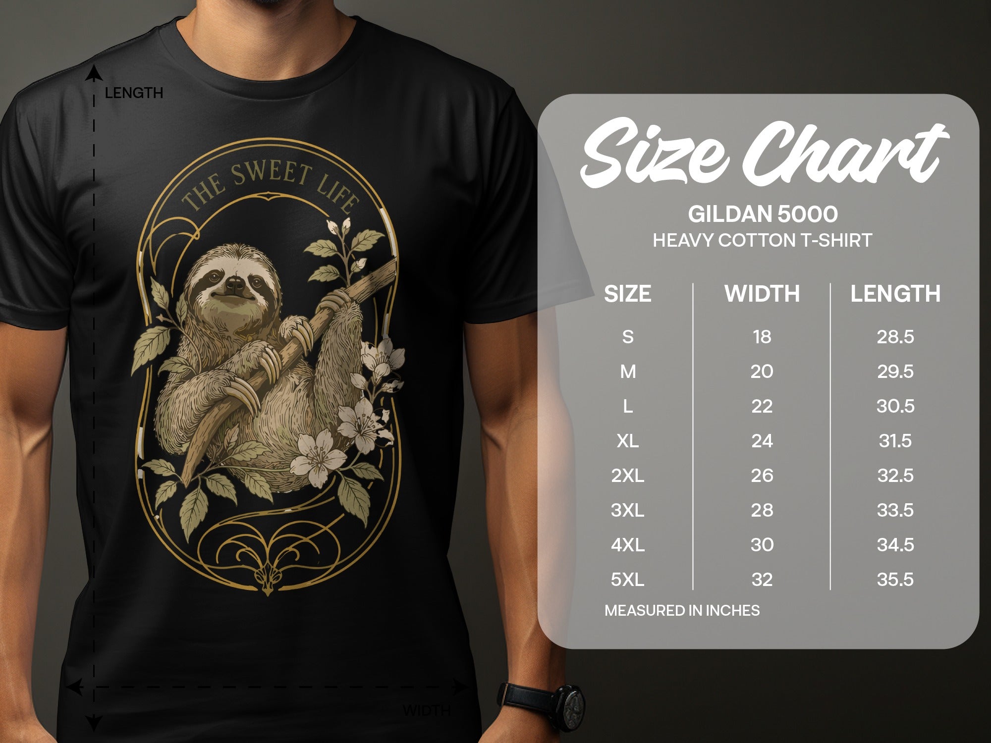 Gildan 5000 heavy cotton t-shirt size chart with measurements.