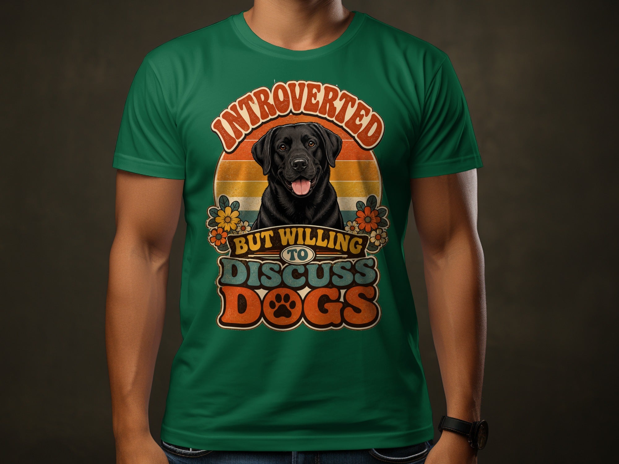Green t-shirt with black lab, flowers, and "Introverted But Willing To Discuss Dogs" text.