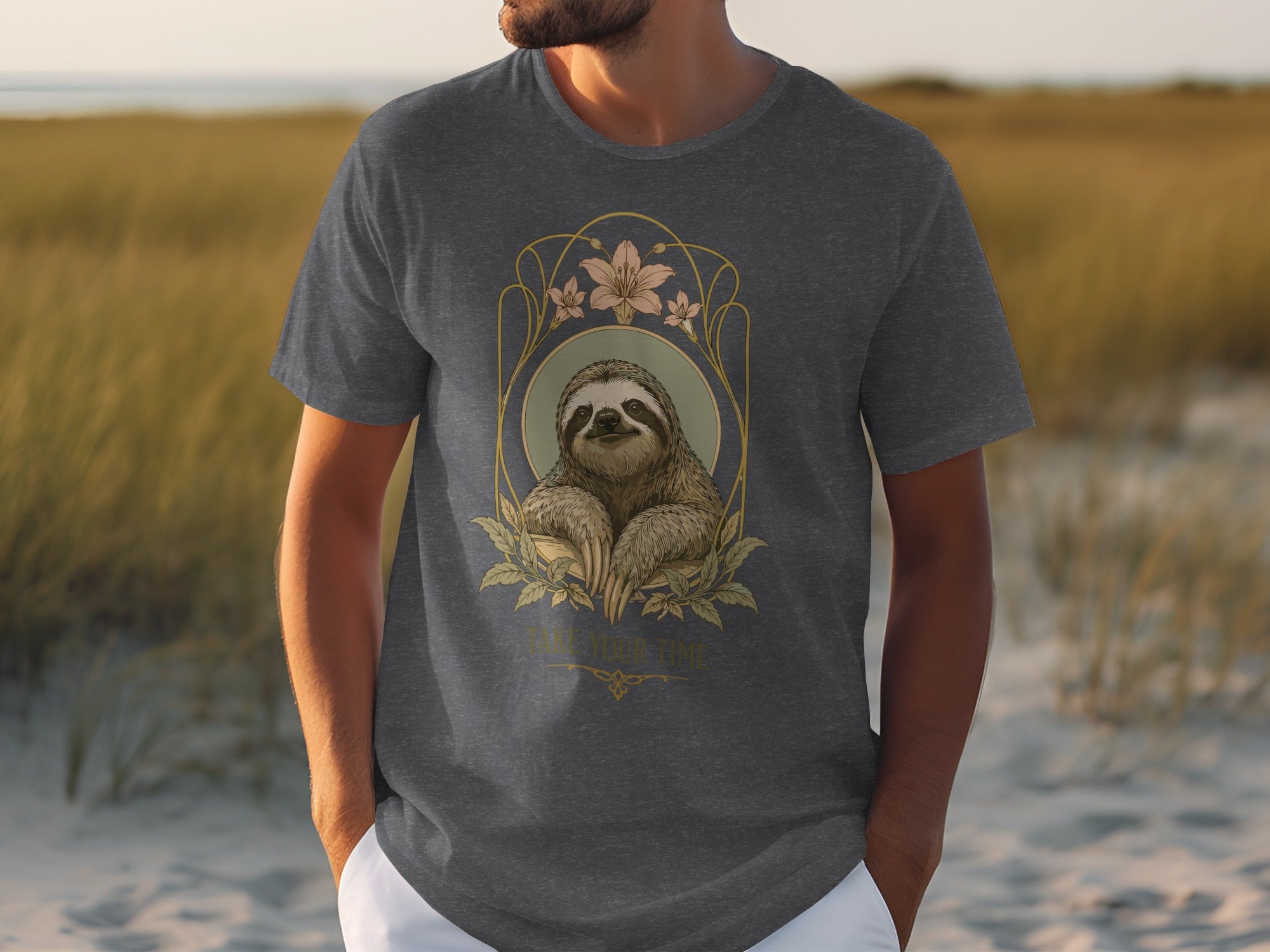 Graphic t-shirt with a sloth illustration within an ornate frame.
