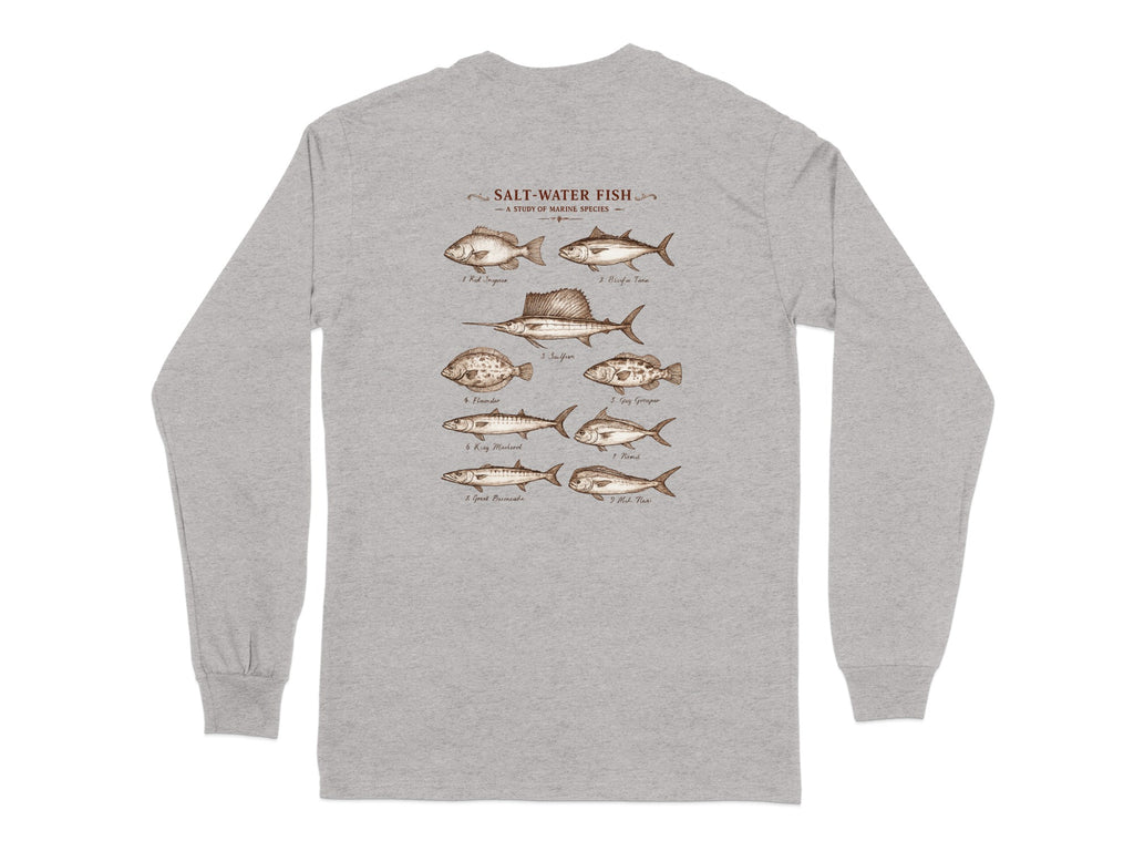 Long-sleeve shirt featuring an illustration of nine saltwater fish species.