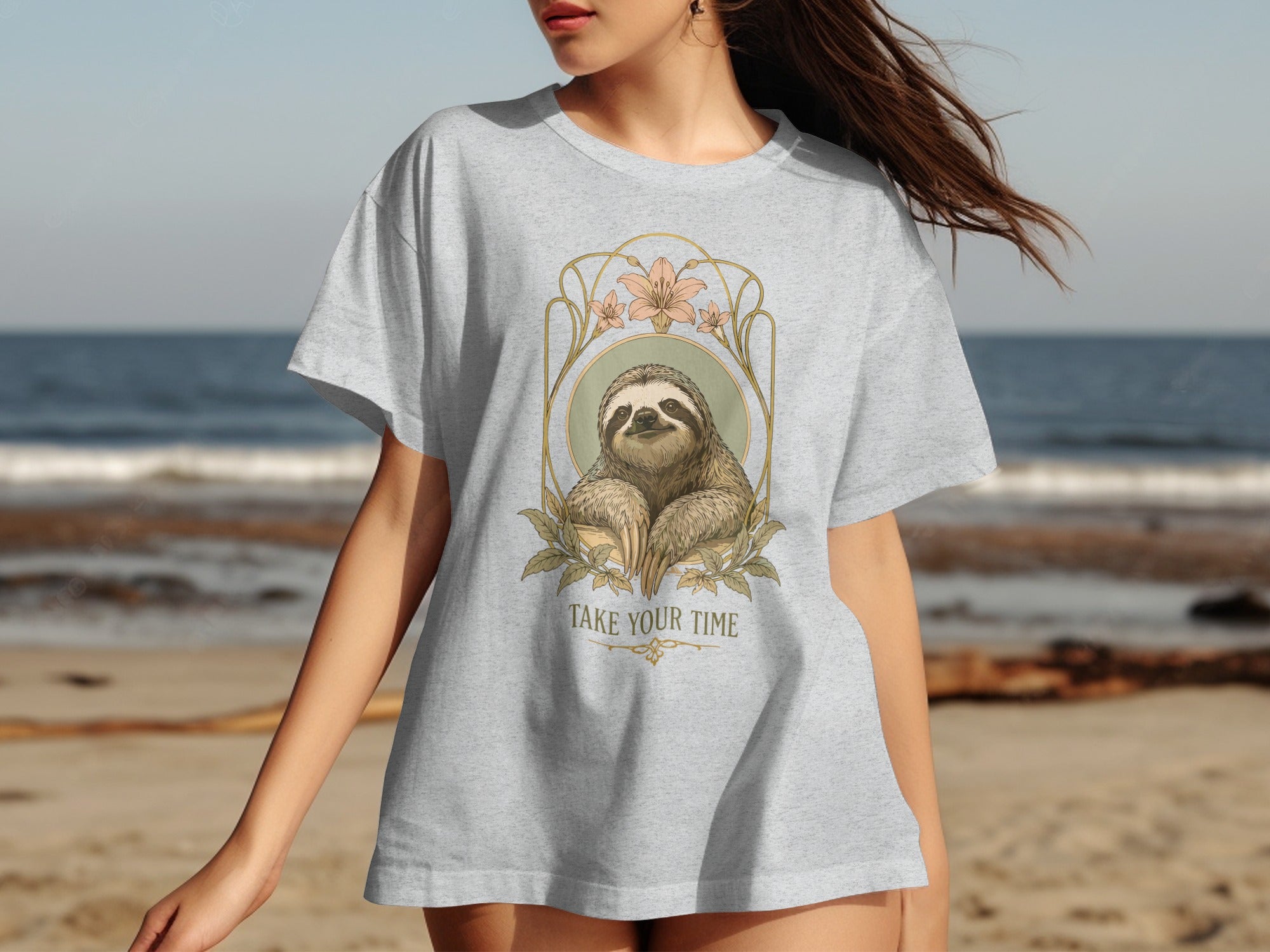 Gray t-shirt with a sloth illustration and "Take Your Time" text.