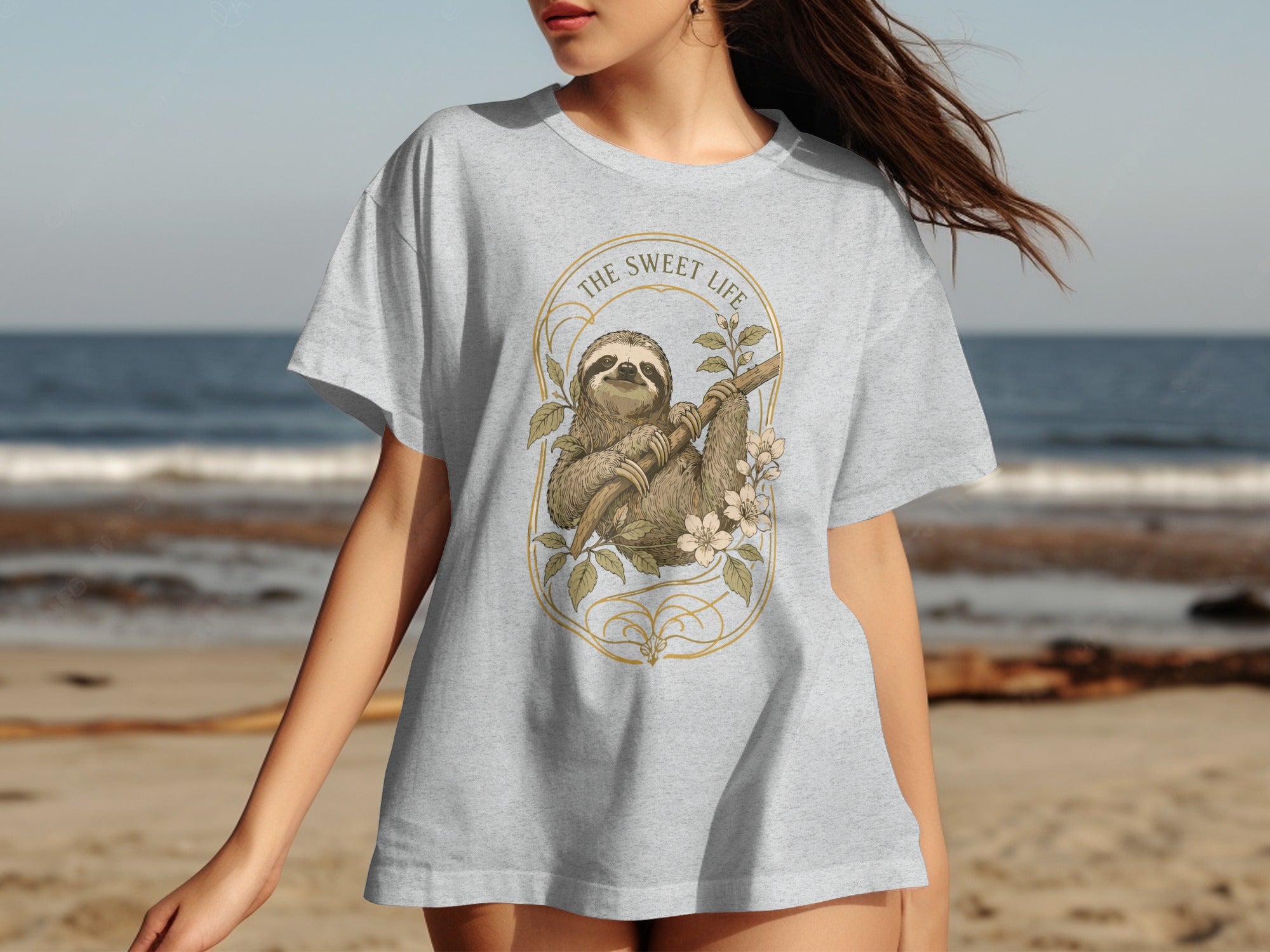 Gray t-shirt with sloth illustration and text "The Sweet Life".