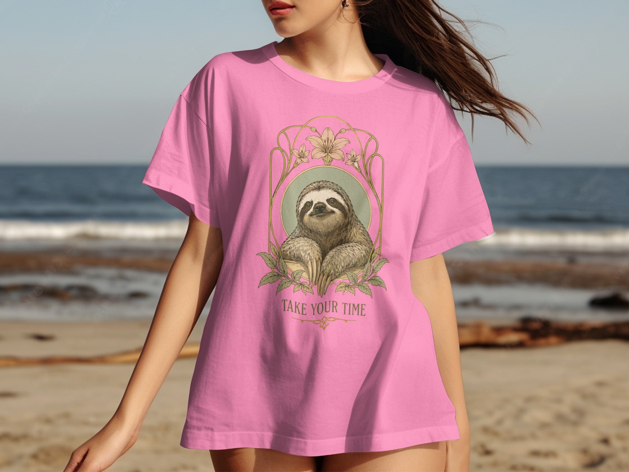 Pink t-shirt with sloth illustration and "TAKE YOUR TIME" text.
