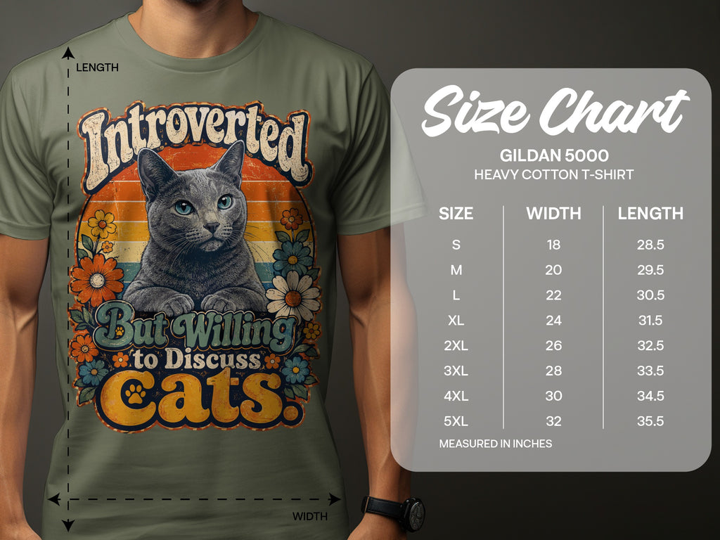 Olive green t-shirt with a cat and floral design, "Introverted But Willing to Discuss Cats" text.