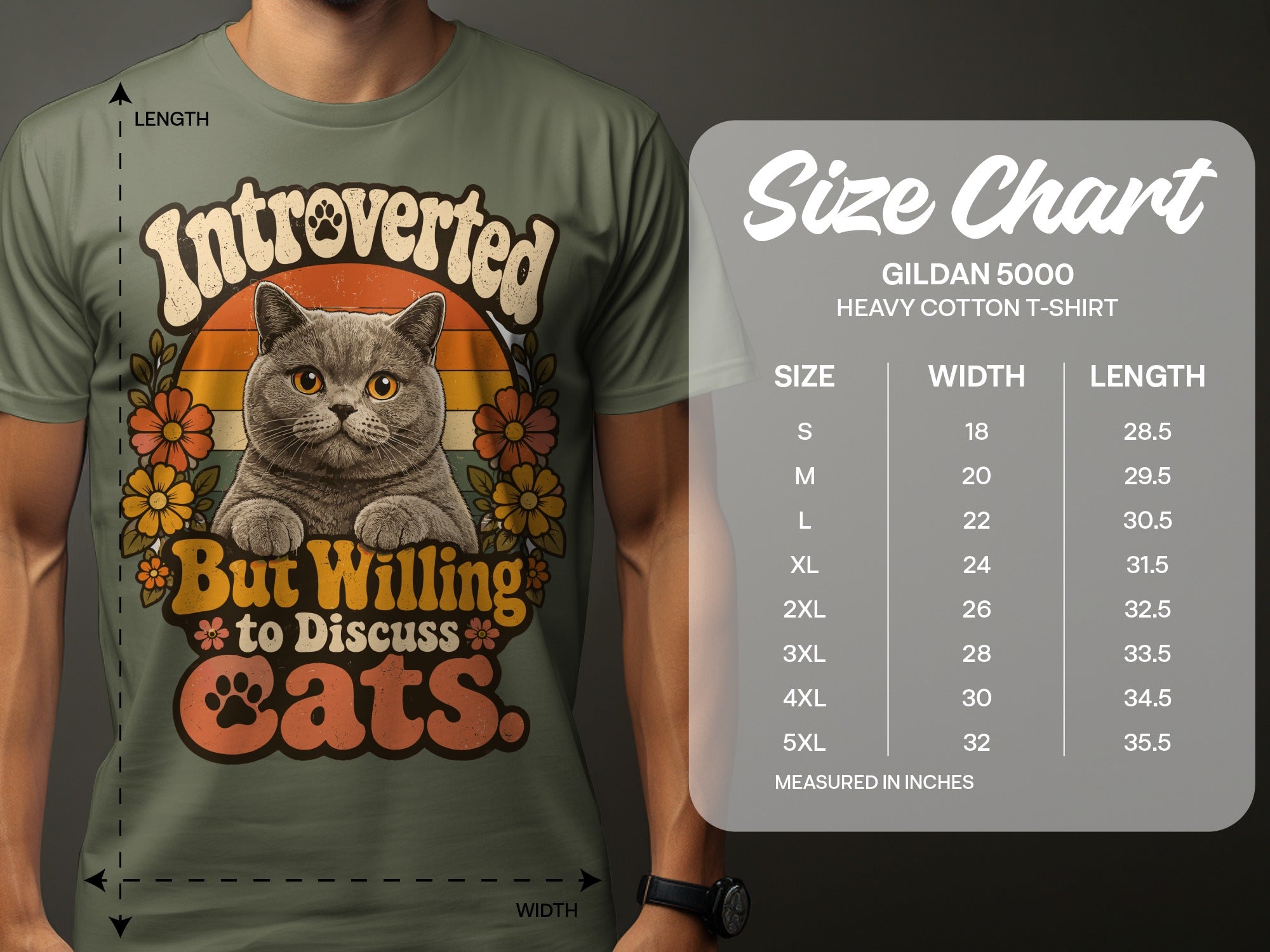 T-shirt with a cat graphic and "Introverted But Willing to Discuss Cats" text.