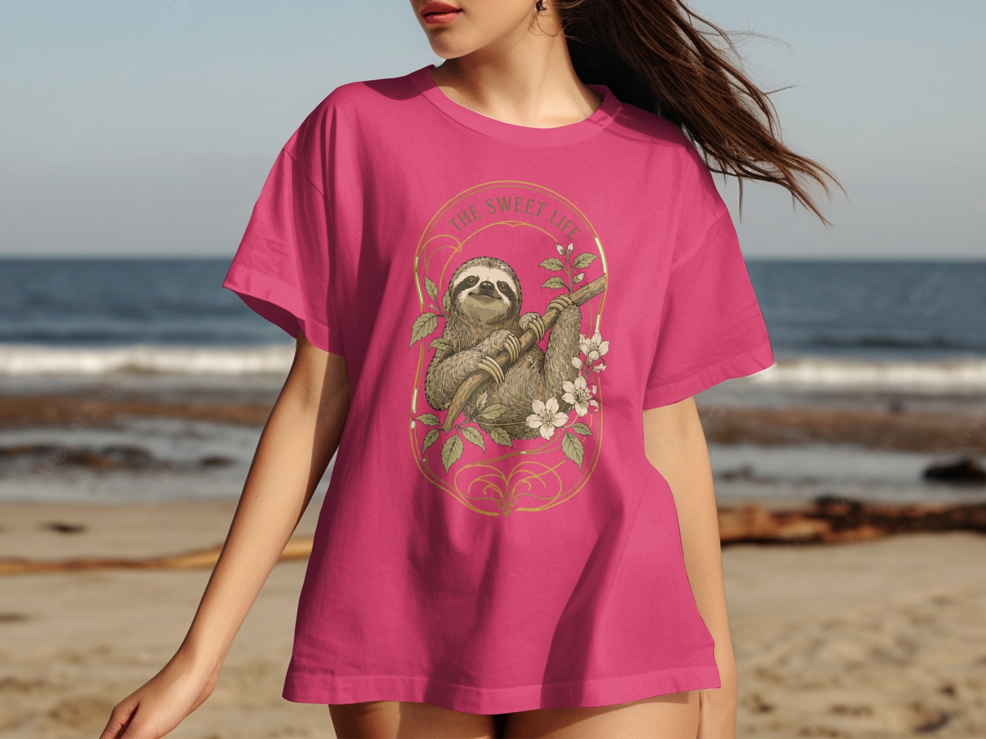 Pink t-shirt with sloth illustration and "The Sweet Life" text.